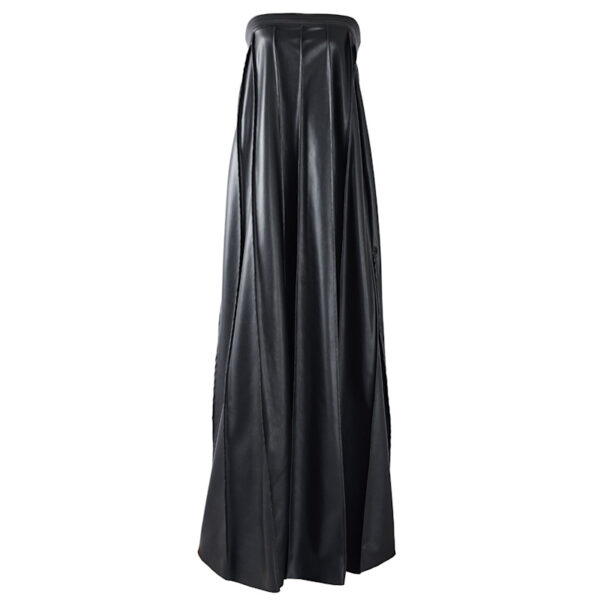 Black Strapless Pleated Vegan Leather Maxi Dress Sun03