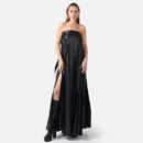 Black Strapless Pleated Vegan Leather Maxi Dress Sun03