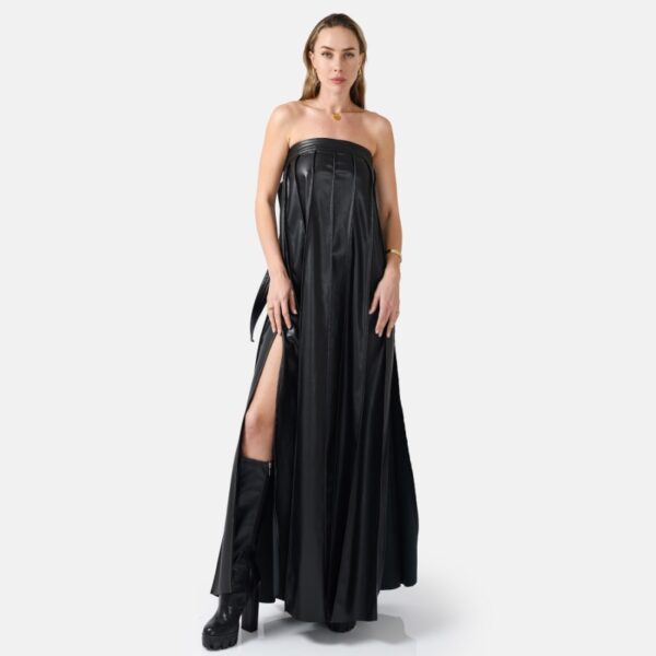 Black Strapless Pleated Vegan Leather Maxi Dress Sun03 - Image 2
