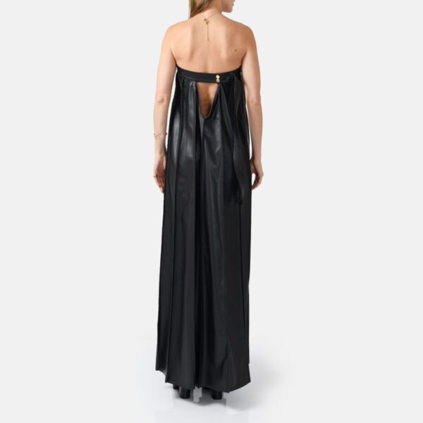 Black Strapless Pleated Vegan Leather Maxi Dress Sun03 - Image 3