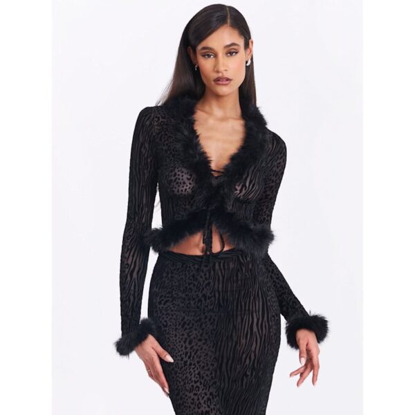 Hali Black Animal Print Burnout Velvet Fur Trim Top Sun08 - Image 2