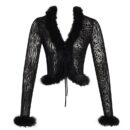 Hali Black Animal Print Burnout Velvet Fur Trim Top Sun08