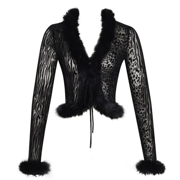 Hali Black Animal Print Burnout Velvet Fur Trim Top Sun08