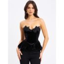 Qiara Black Velvet Peplum Top With Lace Trim Sun06