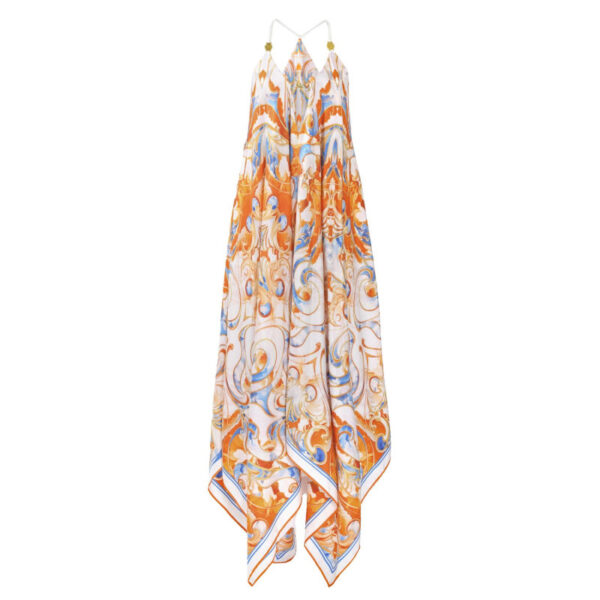 White Blue Orange Resort Silk Slip Maxi Dress  Sun02