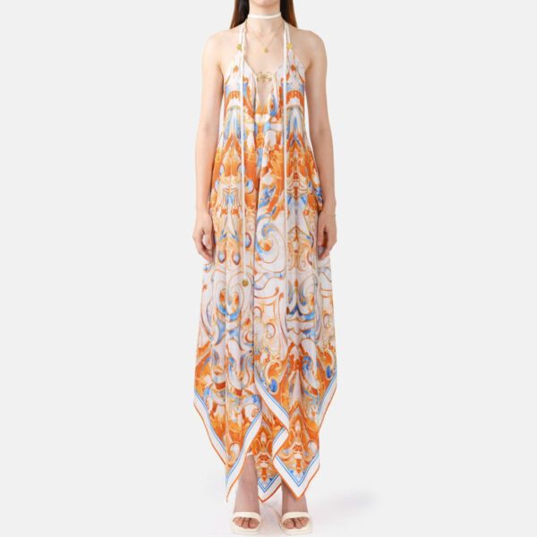 White Blue Orange Resort Silk Slip Maxi Dress  Sun02 - Image 2