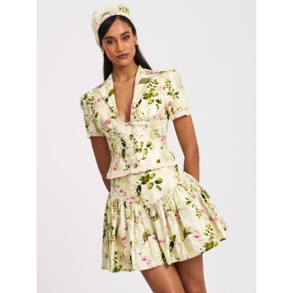 Zanella Green Floral Print Lace Trim Linen Top Sun07 - Image 2