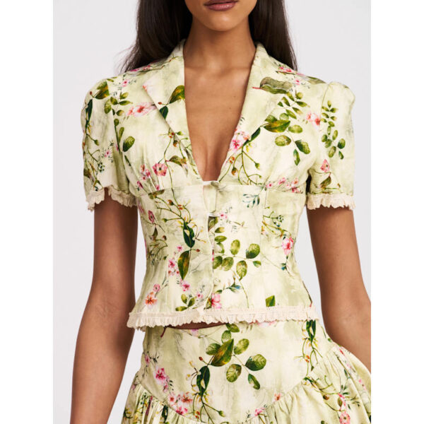 Zanella Green Floral Print Lace Trim Linen Top Sun07 - Image 3