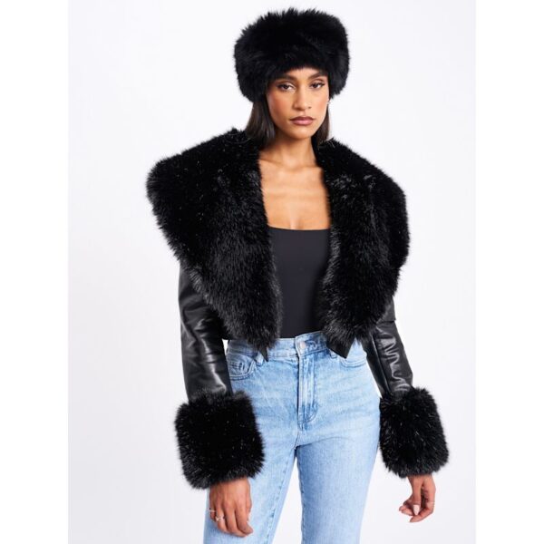 Ziah Cropped With Fur Collar Leather Jacket  Sun05 - Image 2