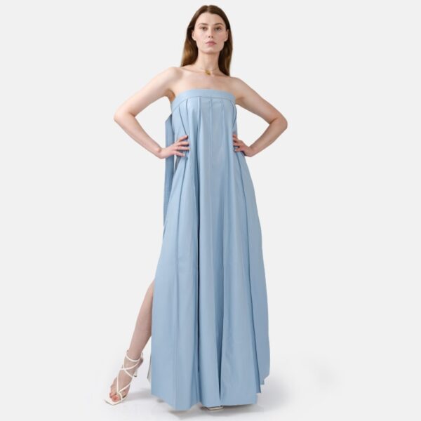 Blue Strapless Pleated Vegan Leather Maxi Dress Sun01 - Image 2
