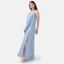 Blue Strapless Pleated Vegan Leather Maxi Dress Sun01