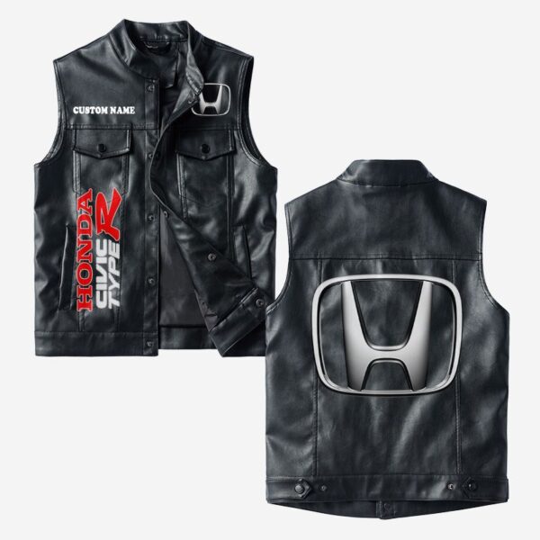 Custom Name Honda Civic Type R Leather Vest - Personalized Logo Car Motorcycle Model