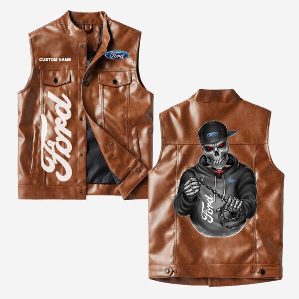 Custom Name Ford Motor Company Leather Vest - Personalized Logo Car Motorcycle Model - Image 2