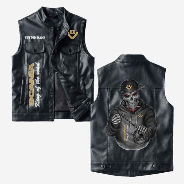 Custom Name Scania V8 Leather Vest - Personalized Logo Car Motorcycle Model