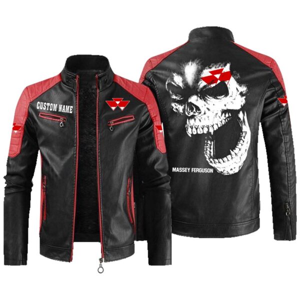 Custom Name Massey Ferguson Contrast Leather Jacket - Personalized Logo Car Motorcycle Model - Image 2