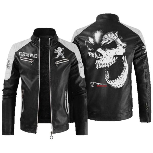 Custom Name Peugeot Contrast Leather Jacket - Personalized Logo Car Motorcycle Model