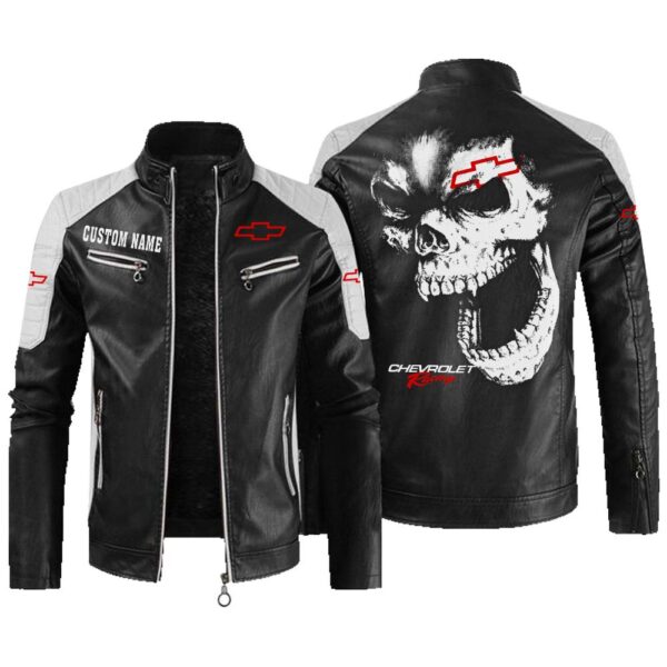 Custom Name Chevy Racing Contrast Leather Jacket - Personalized Logo Car Motorcycle Model