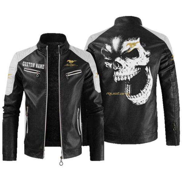 Custom Name Mustang Racing Contrast Leather Jacket - Personalized Logo Car Motorcycle Model