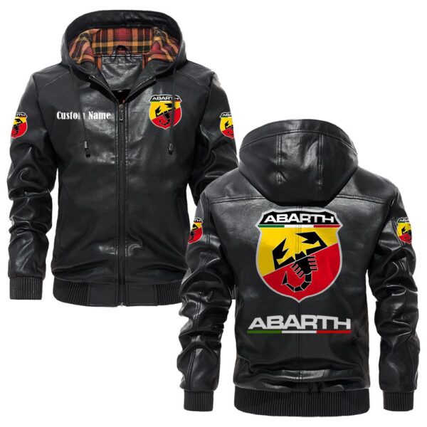 Custom Name Abarth PU Leather Hooded Jacket - Personalized Logo Car Motorcycle Model