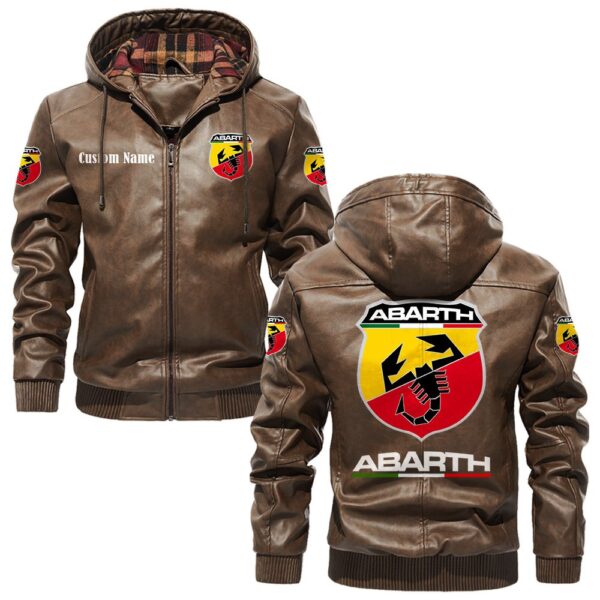 Custom Name Abarth PU Leather Hooded Jacket - Personalized Logo Car Motorcycle Model - Image 3