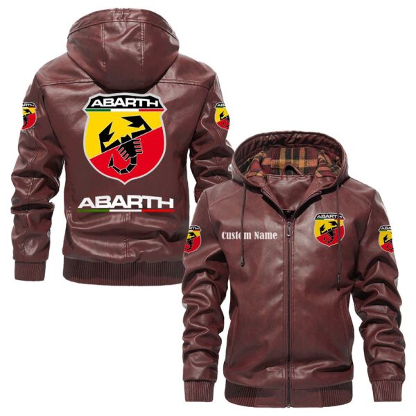 Custom Name Abarth PU Leather Hooded Jacket - Personalized Logo Car Motorcycle Model - Image 2