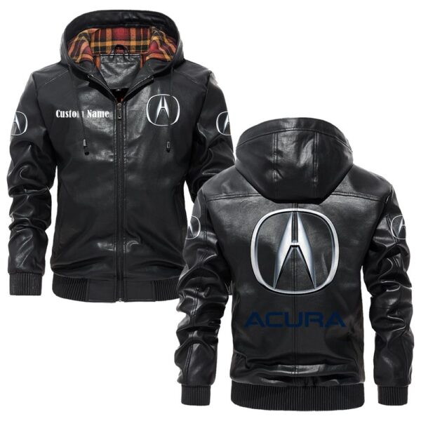 Custom Name Acura PU Leather Hooded Jacket - Personalized Logo Car Motorcycle Model