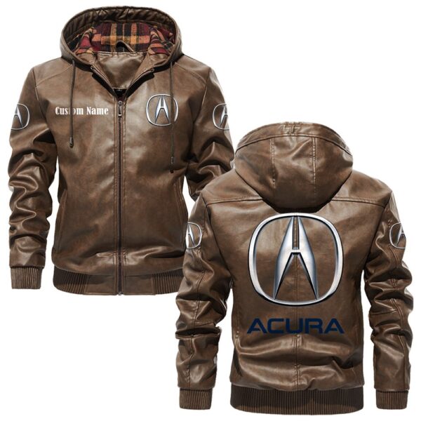 Custom Name Acura PU Leather Hooded Jacket - Personalized Logo Car Motorcycle Model - Image 3