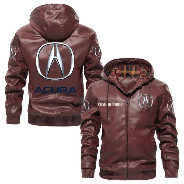 Custom Name Acura PU Leather Hooded Jacket - Personalized Logo Car Motorcycle Model - Image 2