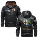 Custom Name Alfa Romeo PU Leather Hooded Jacket - Personalized Logo Car Motorcycle Model