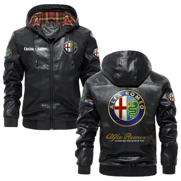 Custom Name Alfa Romeo PU Leather Hooded Jacket - Personalized Logo Car Motorcycle Model