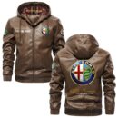 Custom Name Alfa Romeo PU Leather Hooded Jacket - Personalized Logo Car Motorcycle Model