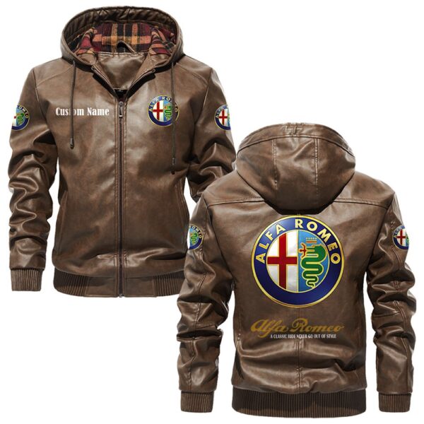 Custom Name Alfa Romeo PU Leather Hooded Jacket - Personalized Logo Car Motorcycle Model - Image 3