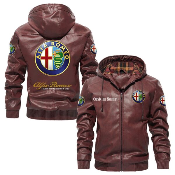Custom Name Alfa Romeo PU Leather Hooded Jacket - Personalized Logo Car Motorcycle Model - Image 2