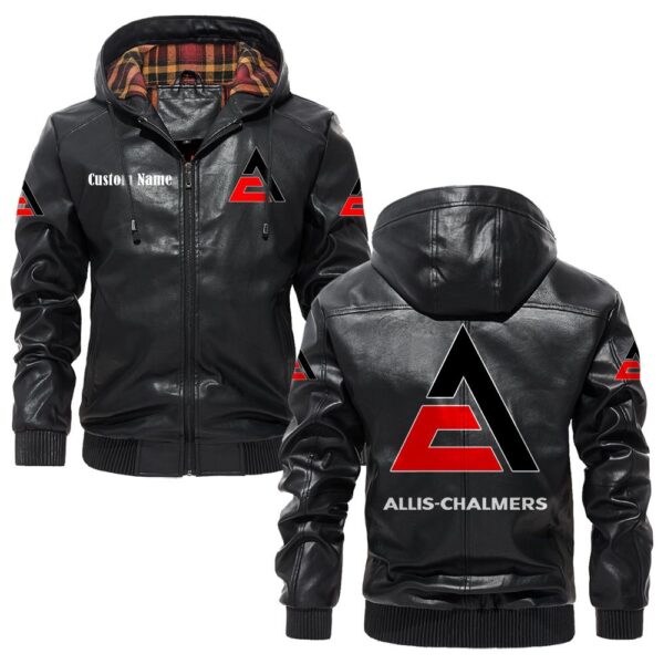 Custom Name Allis Chalmers PU Leather Hooded Jacket - Personalized Logo Car Motorcycle Model