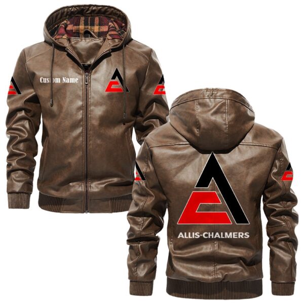 Custom Name Allis Chalmers PU Leather Hooded Jacket - Personalized Logo Car Motorcycle Model - Image 3