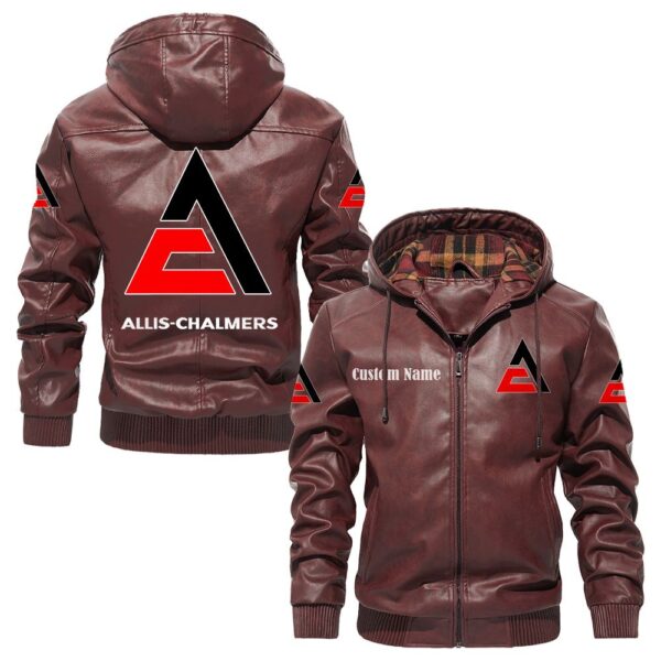 Custom Name Allis Chalmers PU Leather Hooded Jacket - Personalized Logo Car Motorcycle Model - Image 2