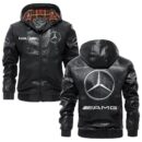 Custom Name Amg PU Leather Hooded Jacket - Personalized Logo Car Motorcycle Model