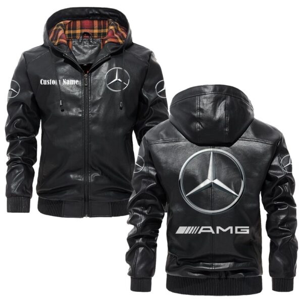 Custom Name Amg PU Leather Hooded Jacket - Personalized Logo Car Motorcycle Model