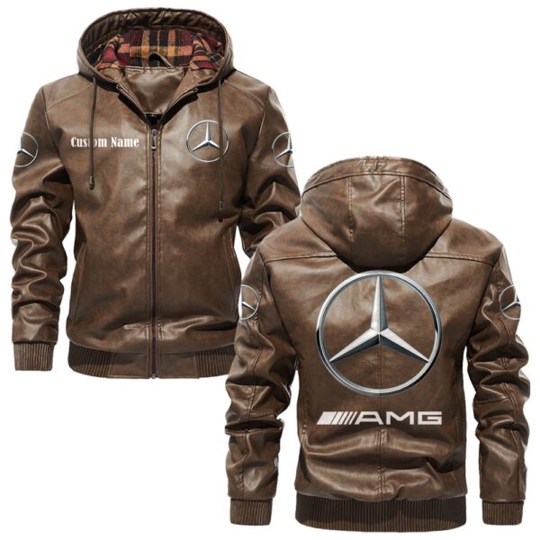Custom Name Amg PU Leather Hooded Jacket - Personalized Logo Car Motorcycle Model - Image 3