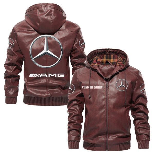 Custom Name Amg PU Leather Hooded Jacket - Personalized Logo Car Motorcycle Model - Image 2