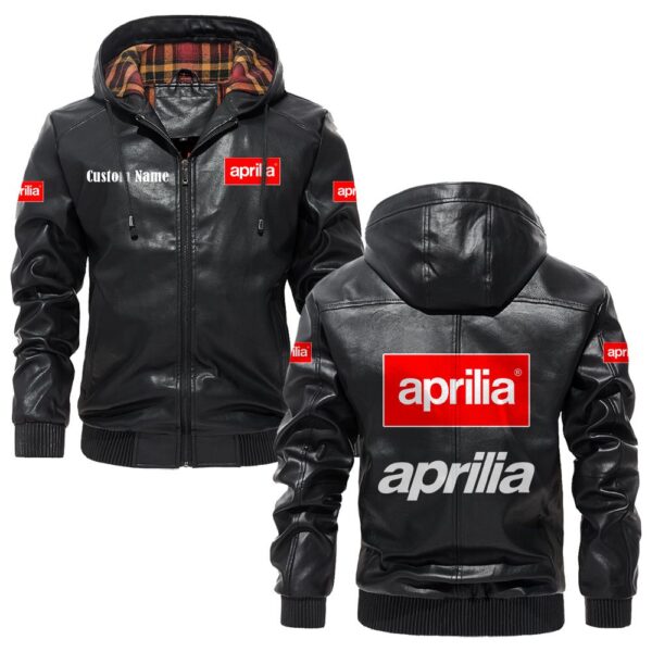 Custom Name Aprilia PU Leather Hooded Jacket - Personalized Logo Car Motorcycle Model
