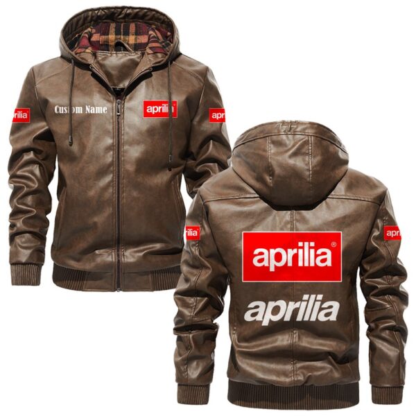 Custom Name Aprilia PU Leather Hooded Jacket - Personalized Logo Car Motorcycle Model - Image 3