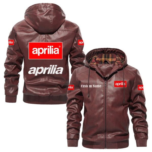 Custom Name Aprilia PU Leather Hooded Jacket - Personalized Logo Car Motorcycle Model - Image 2
