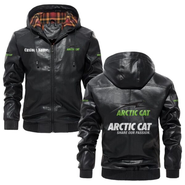 Custom Name Arctic Cat PU Leather Hooded Jacket - Personalized Logo Car Motorcycle Model