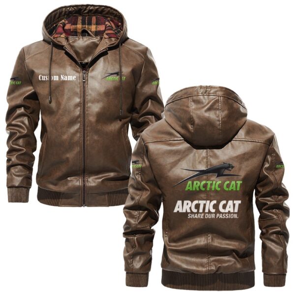 Custom Name Arctic Cat PU Leather Hooded Jacket - Personalized Logo Car Motorcycle Model - Image 3