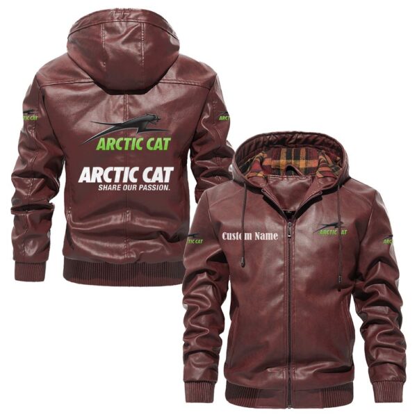 Custom Name Arctic Cat PU Leather Hooded Jacket - Personalized Logo Car Motorcycle Model - Image 2