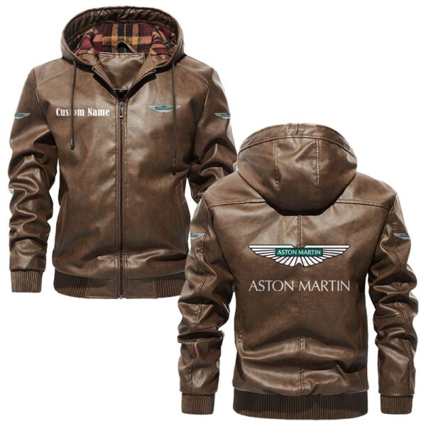Custom Name Aston Martin PU Leather Hooded Jacket - Personalized Logo Car Motorcycle Model - Image 3