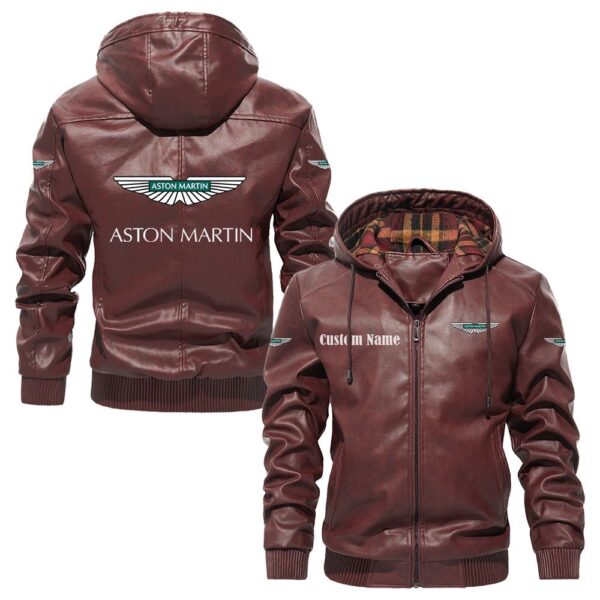 Custom Name Aston Martin PU Leather Hooded Jacket - Personalized Logo Car Motorcycle Model - Image 2