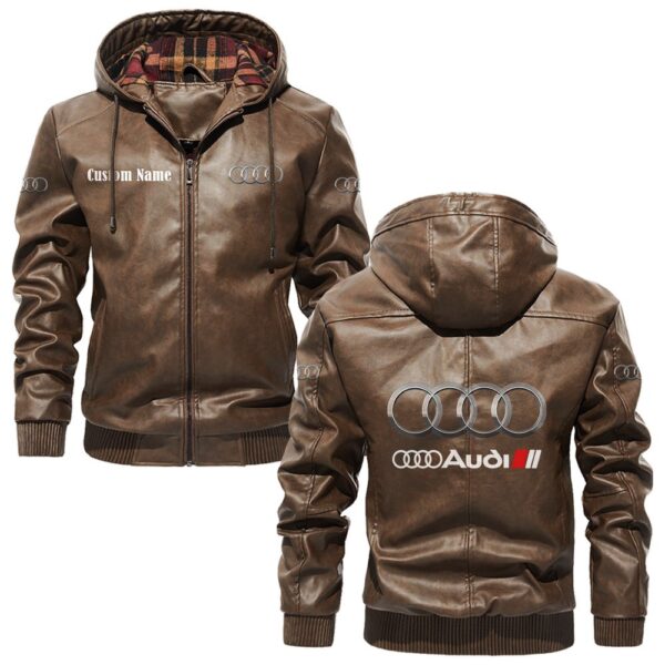 Custom Name Audi Sport PU Leather Hooded Jacket - Personalized Logo Car Motorcycle Model - Image 3