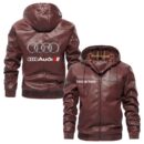 Custom Name Audi Sport PU Leather Hooded Jacket - Personalized Logo Car Motorcycle Model